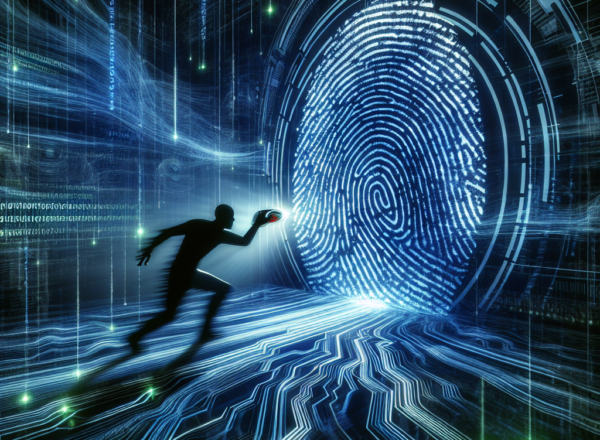 "Illustration of a hacker using sophisticated techniques to bypass biometric authentication systems such as fingerprint and facial recognition technology, highlighting the vulnerabilities in security measures."